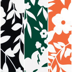 A vertical collage featuring three sections with floral patterns. The left section has black background with white flowers, the middle has a green background with white flowers, and the right section has an orange background with white flowers.