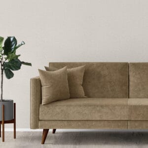 A modern living room with a beige sofa, two matching cushions, and a potted plant in a gray planter. The floor is light wood, and the wall is a plain off-white, creating a minimalist and cozy atmosphere.