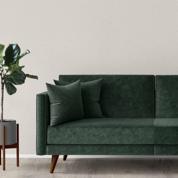 A minimalist living room with a dark green velvet sofa and two matching cushions. Next to the sofa, there is a potted plant with large green leaves set against a light beige textured wall and wooden floor.