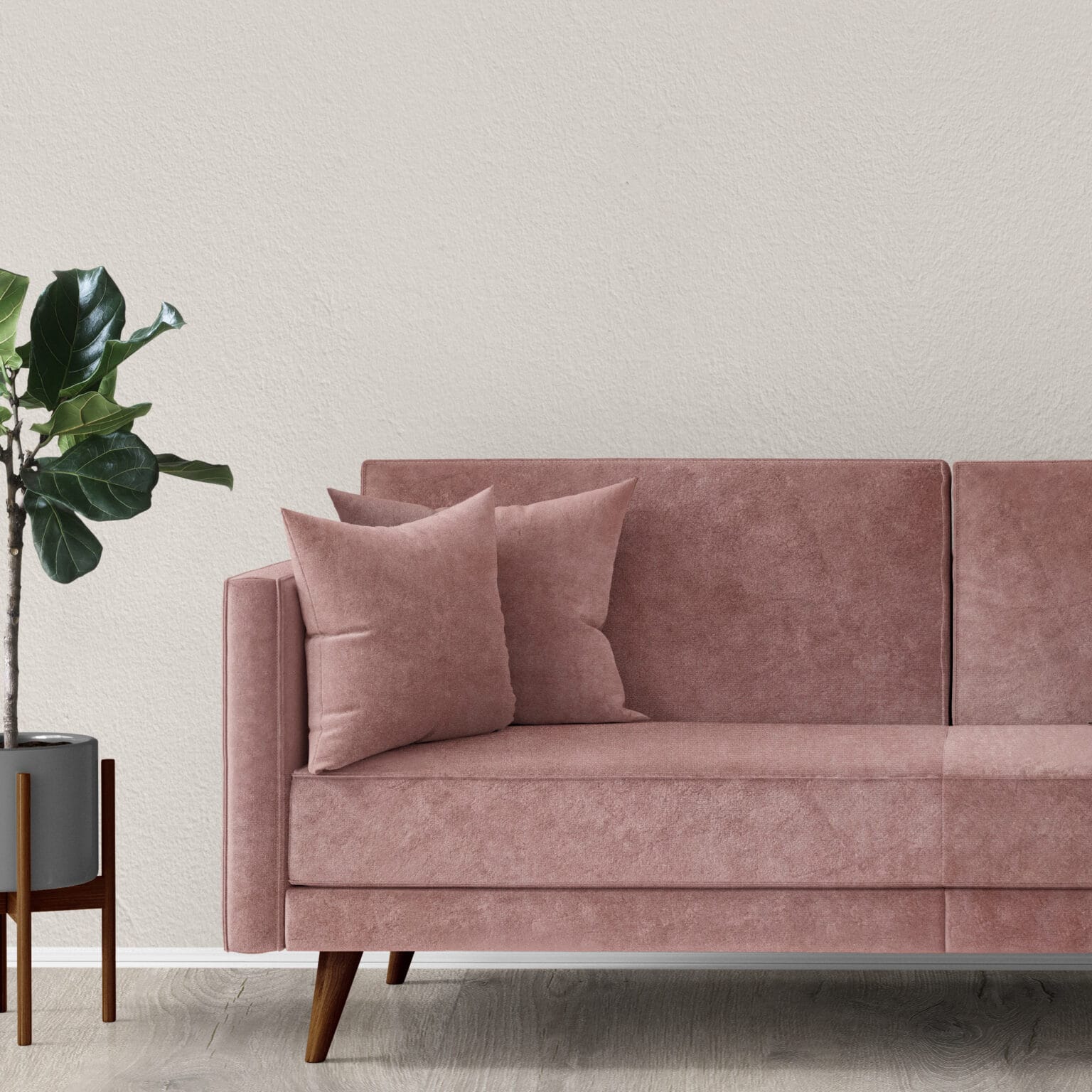 A modern, minimalist living room features a pink sofa with two matching cushions, a potted green plant in a sleek gray planter, and a light gray textured wall in the background. The floor is light wood, complementing the neutral tones.
