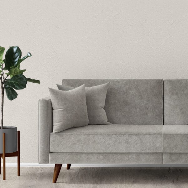 A modern living room scene with a light gray sofa adorned with two cushions. A potted plant with broad leaves stands beside the sofa. The background features a plain textured white wall and light wood flooring.