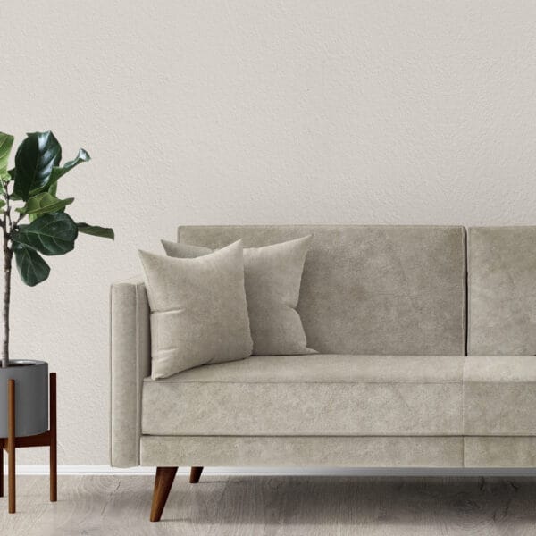 A minimalist living room scene with a light beige suede sofa adorned with two matching pillows. Beside the sofa, a small potted plant with green leaves adds a touch of nature. The background features a textured white wall and wooden floor.