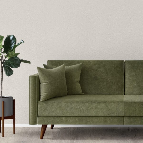 Minimalist living room with a green velvet sofa featuring two matching cushions. A potted plant with large leaves sits on a wooden stand to the left. The wall is light-colored, and the floor has a light wooden texture.