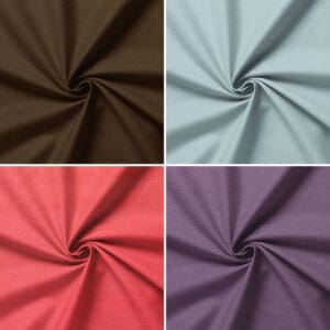 Four squares show spirally folded 100% cotton Bull Denim fabric: dark brown (top left), light blue (top right), red (bottom left), and purple (bottom right).