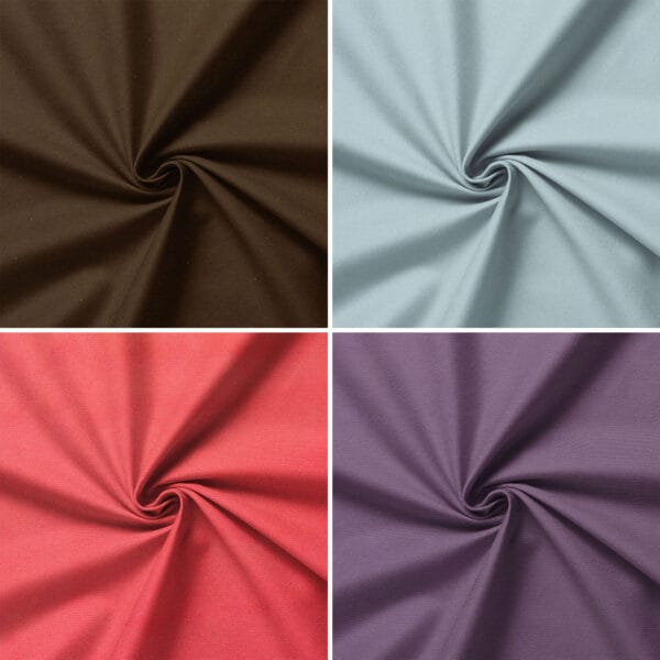 Four squares show spirally folded 100% cotton Bull Denim fabric: dark brown (top left), light blue (top right), red (bottom left), and purple (bottom right).