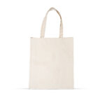 A Canvas Tote Bag featuring a plain beige design with two handles stands upright against a white background.