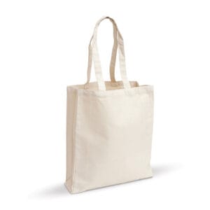 A Canvas Tote Bag stands upright with two handles, its rectangular shape and natural fabric texture highlighted against a white background. The bag is empty, displaying its beige eco-friendly design.