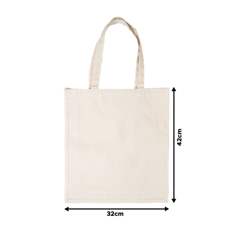 A natural Canvas Tote Bag, eco-friendly with two handles, is displayed on a white background. It measures 32 cm in width by 42 cm in height.