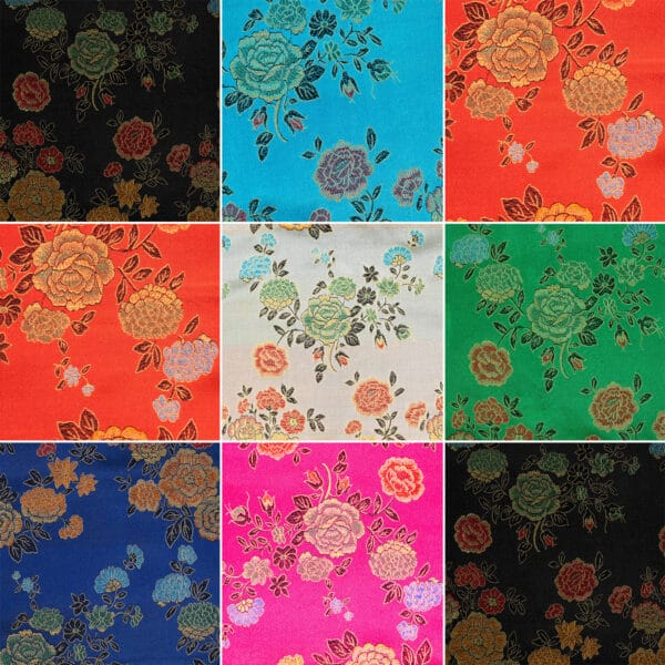 A collage of nine square fabric swatches, each showcasing intricate floral patterns. The swatches feature vibrant colors: black, blue, orange, pink, and green backgrounds with multicolored flowers, including roses and leaves.