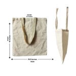 Two views of a beige fabric tote bag are shown. The front view measures 16 inches in height and 15.5 inches in width, while the handle is 27 inches long. The side view displays the bag's depth and structure.