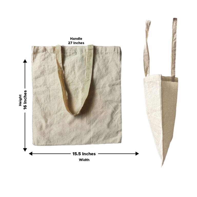 Two views of a beige fabric tote bag are shown. The front view measures 16 inches in height and 15.5 inches in width, while the handle is 27 inches long. The side view displays the bag's depth and structure.