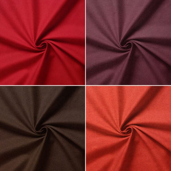 Four squares showing swirled fabric in different colors: top left is red, top right is burgundy, bottom left is brown, and bottom right is orange. Each fabric is centered and displays a smooth texture.