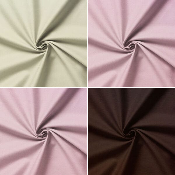 A collage of four fabric swatches, each twisted at the center. The colors are pale green, light pink, muted purple, and dark brown. Each fabric has a smooth texture, displayed in square panels.