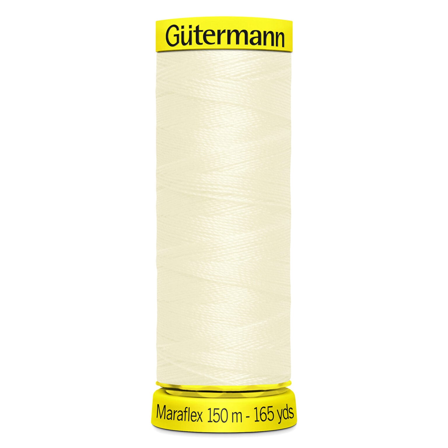A spool of Gütermann Maraflex thread is shown. The thread is off-white and wrapped around a cylindrical spool. The labels on the top and bottom are yellow, displaying the brand name and length: 150 meters (165 yards).