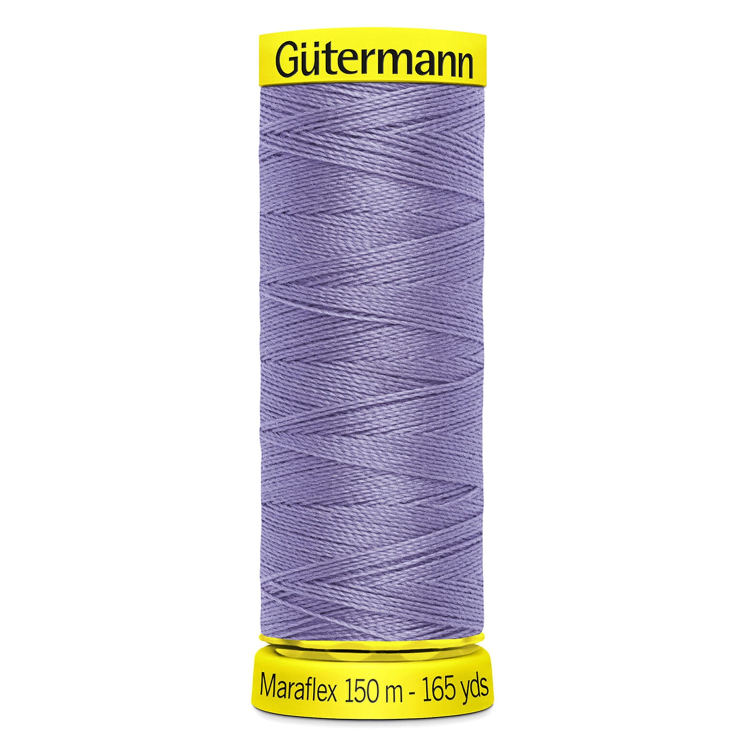A spool of Gütermann Maraflex thread in a light purple color, with yellow labels at the top and bottom. The label states "150 m - 165 yds." The thread is neatly wound around the spool.