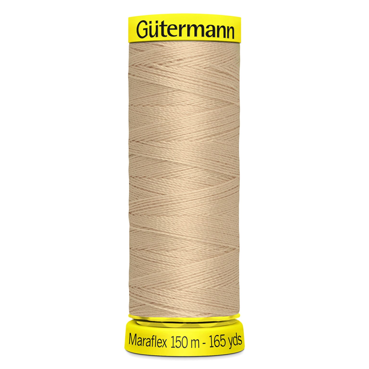 A spool of Gütermann Maraflex thread, 150 meters (165 yards), in beige color. The spool has yellow ends with the brand name printed on the top and measurement details on the bottom.
