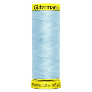 Spool of light blue Gütermann Maraflex thread, measuring 150 meters (165 yards). The spool has yellow labels on top and bottom.