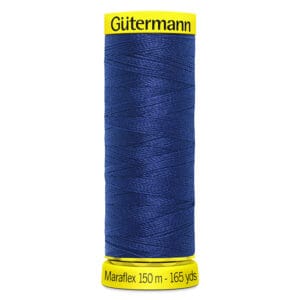 Spool of Gütermann Maraflex thread in deep blue, labeled with "Gütermann" at the top and "Maraflex 150 m - 165 yds" at the bottom. The spool has a bright yellow top and base.