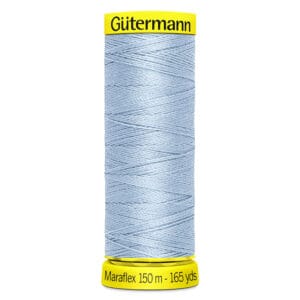 A spool of Gütermann Maraflex thread in light blue, with 150 meters or 165 yards of length. The spool has bright yellow top and bottom sections with black text displaying the brand and thread details.