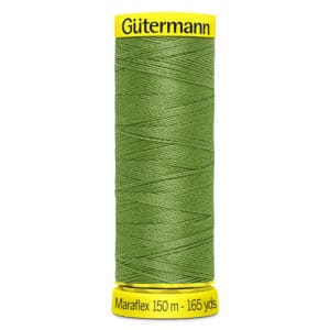Spool of Gütermann green sewing thread labeled "Maraflex 150 m - 165 yds" with yellow caps on top and bottom.