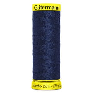 A spool of Gütermann Maraflex navy blue sewing thread, 150 meters (165 yards), with yellow labels on top and bottom displaying the brand and length. The thread is tightly wound in a cylindrical shape.