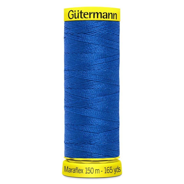 A spool of Gütermann Maraflex thread in royal blue. The label is bright yellow, showing "Gütermann" at the top and "Maraflex 150 m - 165 yds" at the bottom. The thread is neatly wound around the spool.