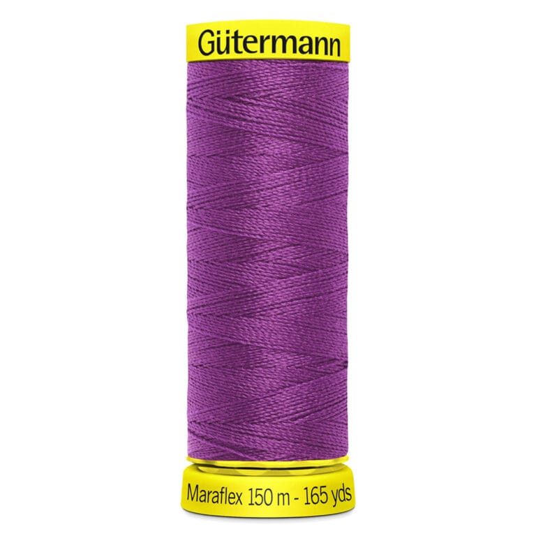 A purple spool of Gütermann Maraflex thread. The spool features a yellow cap and base, with text indicating it is 150 meters (165 yards) long.