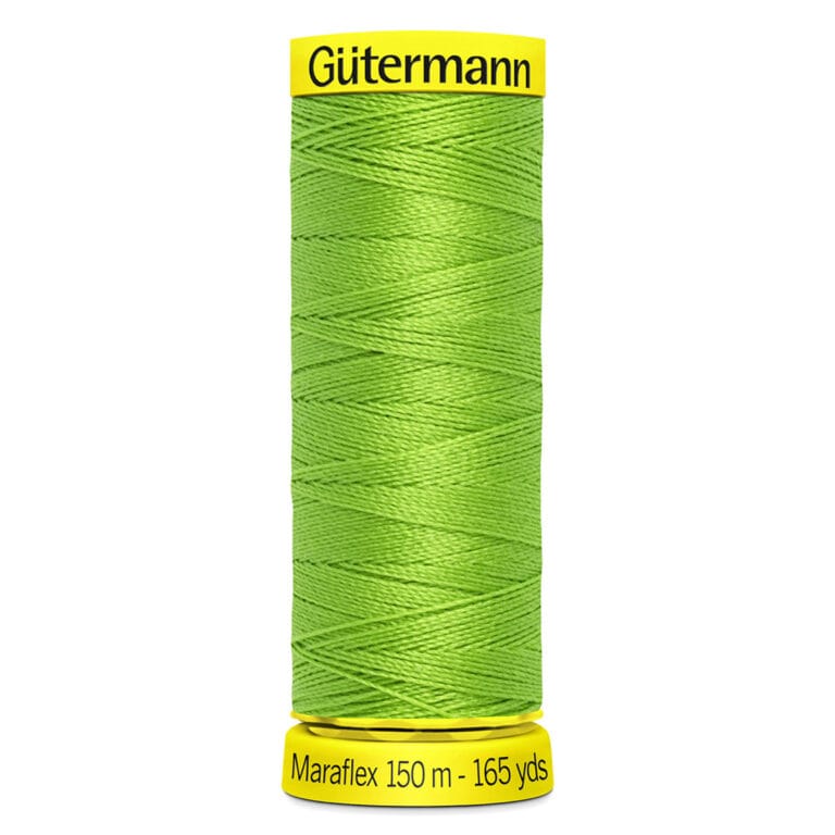 A spool of Gütermann Maraflex sewing thread in bright green, labeled with "Maraflex 150 m - 165 yds" on the bottom and "Gütermann" on the top. The thread is tightly wound around the spool.