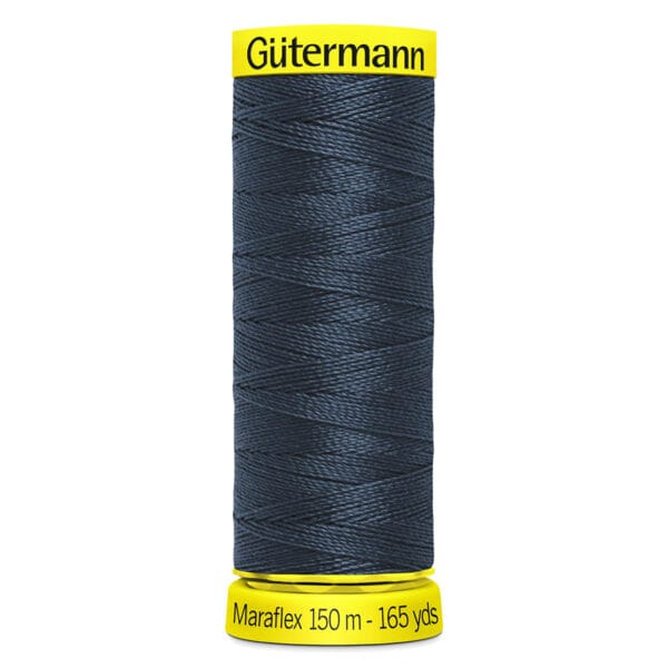 A spool of Gütermann Maraflex thread in dark blue. The spool has yellow labels at the top and bottom, with the text: "Gütermann" on the top label and "Maraflex 150 m - 165 yds" on the bottom label.