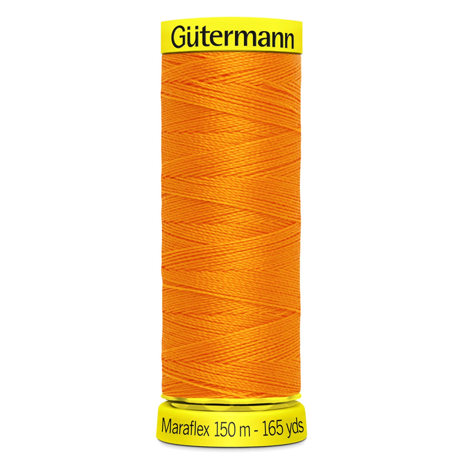 A spool of Gütermann Maraflex thread, bright orange, with labels stating 150 meters and 165 yards.