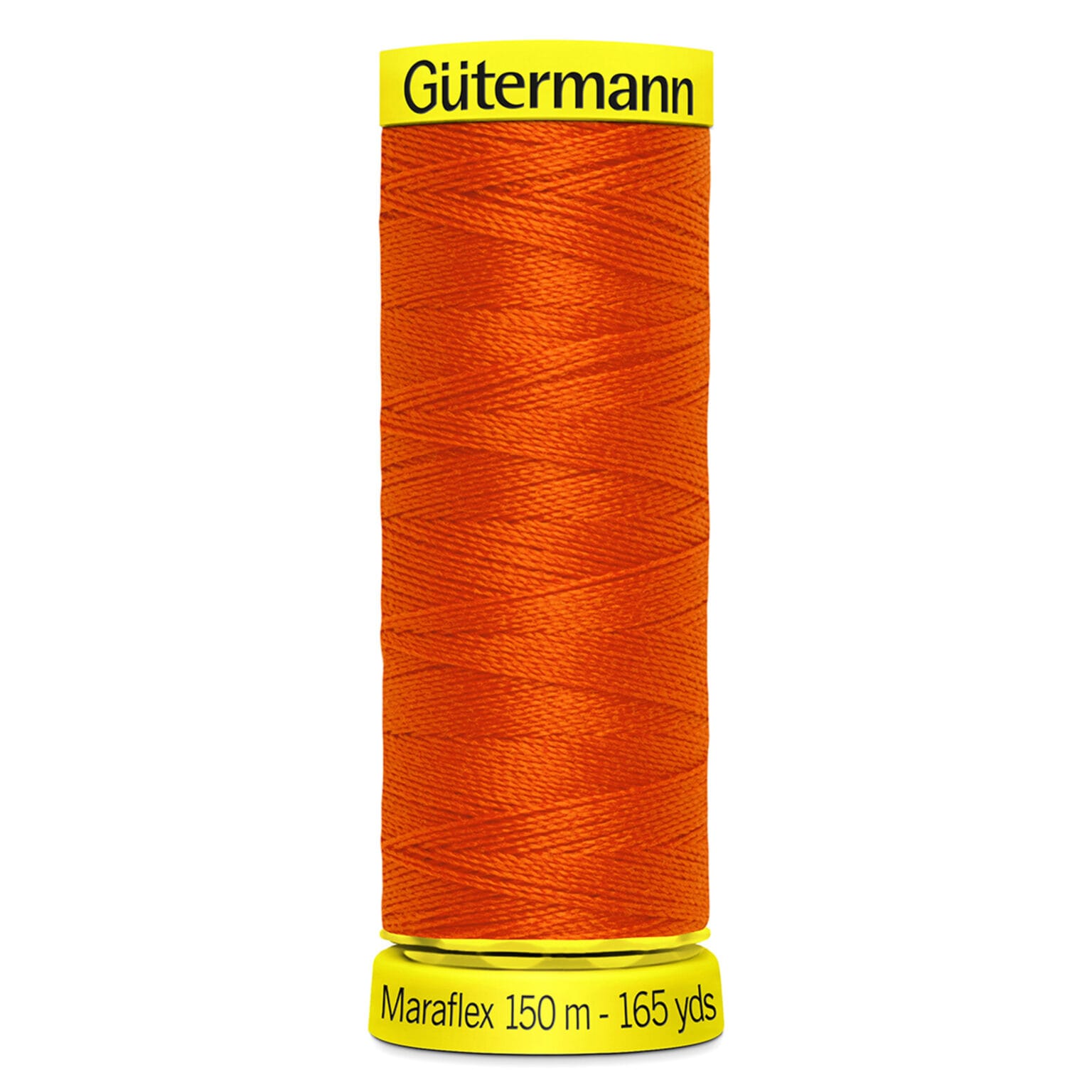 A spool of Gütermann Maraflex thread, colored in vibrant orange, with "150 m - 165 yds" written on the label at the base.