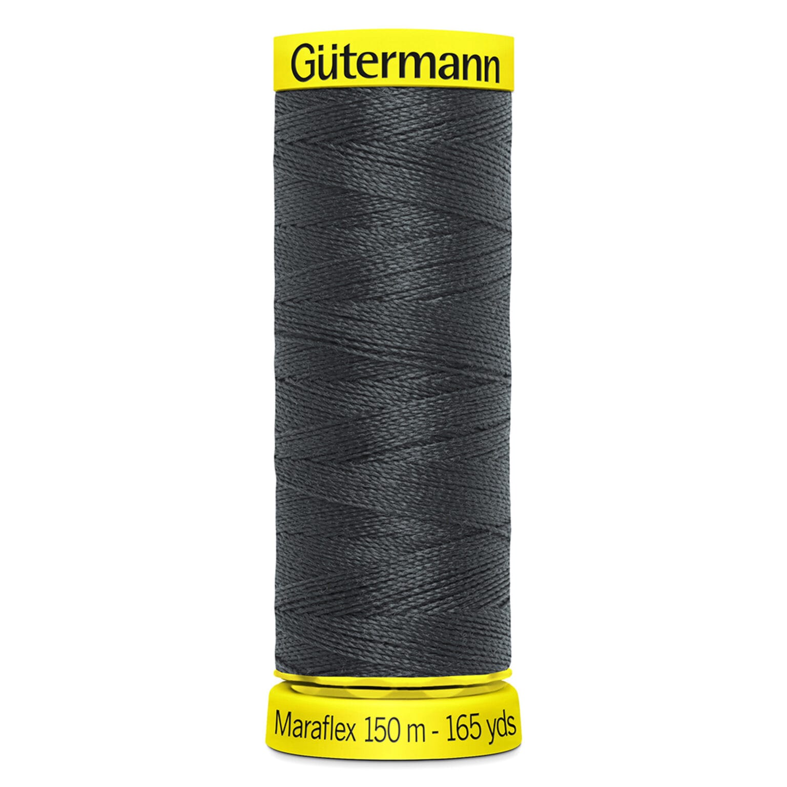 A spool of Gütermann Maraflex thread in dark gray, wrapped tightly. The top and bottom edges of the spool are yellow, with text indicating "Maraflex 150 m - 165 yds.