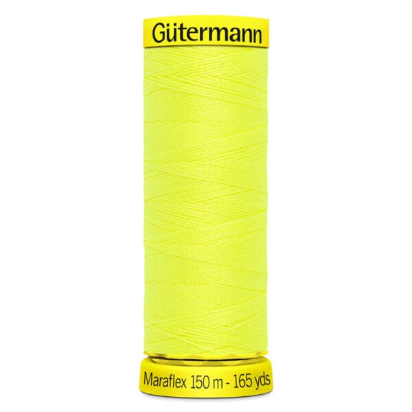 A spool of Gütermann MaraFlex thread in bright yellow. The spool is labeled with "Gütermann" at the top and "Maraflex 150 m - 165 yds" at the bottom. The thread is neatly wound around the spool.