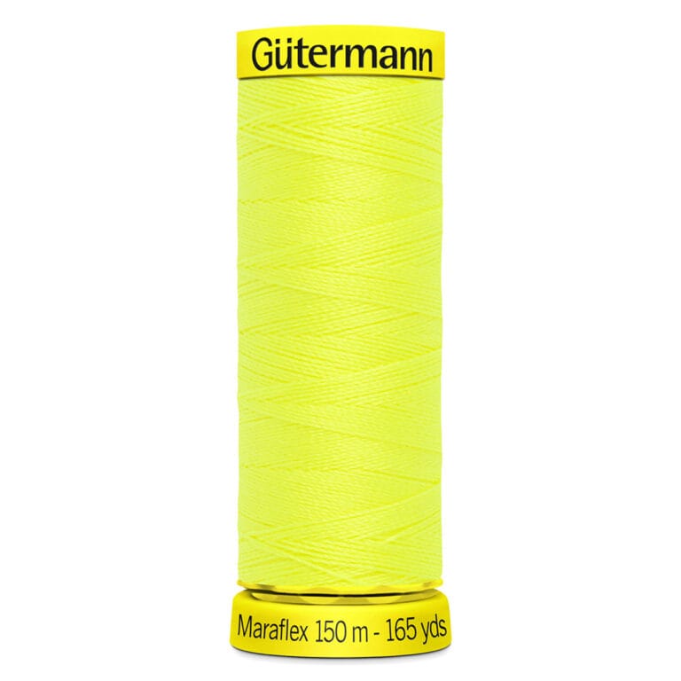 A spool of Gütermann MaraFlex thread in bright yellow. The spool is labeled with "Gütermann" at the top and "Maraflex 150 m - 165 yds" at the bottom. The thread is neatly wound around the spool.
