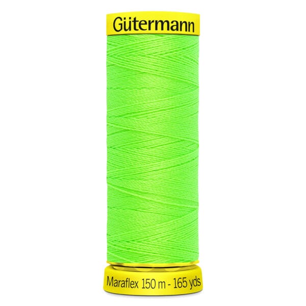 A spool of Gütermann Maraflex thread, featuring neon green color. The spool shows "Gütermann" on the top and "Maraflex 150 m - 165 yds" on the bottom.