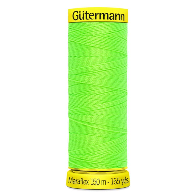 A spool of Gütermann Maraflex thread, featuring neon green color. The spool shows "Gütermann" on the top and "Maraflex 150 m - 165 yds" on the bottom.