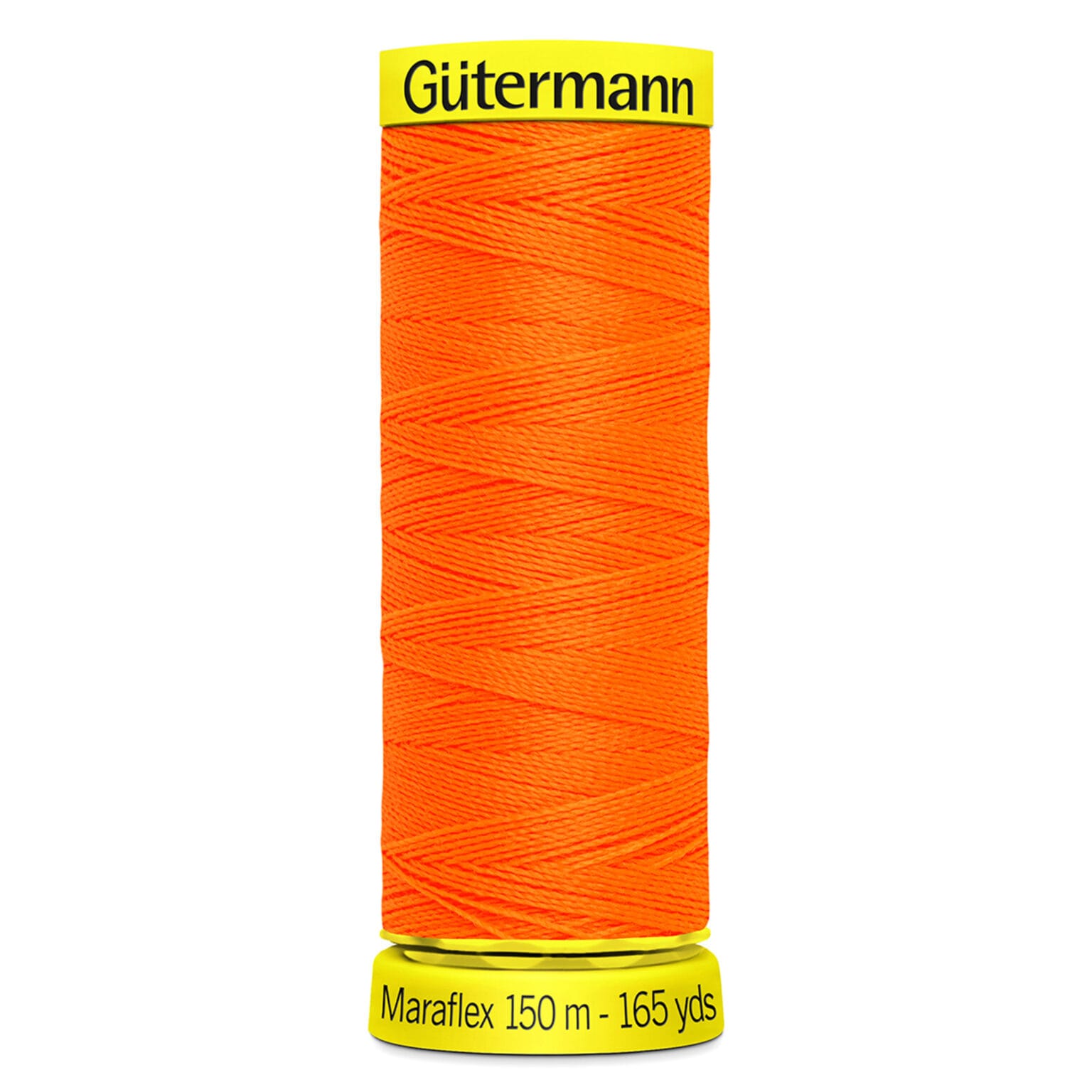 Spool of Gütermann Maraflex sewing thread, bright orange, labeled "150 m - 165 yds.