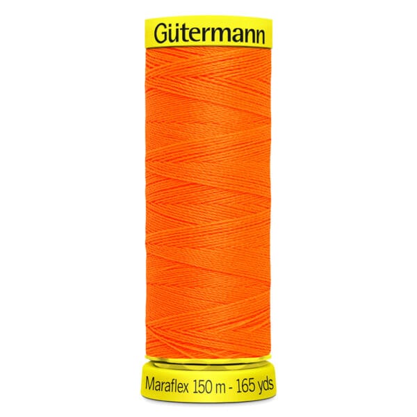 Spool of Gütermann Maraflex sewing thread, bright orange, labeled "150 m - 165 yds.
