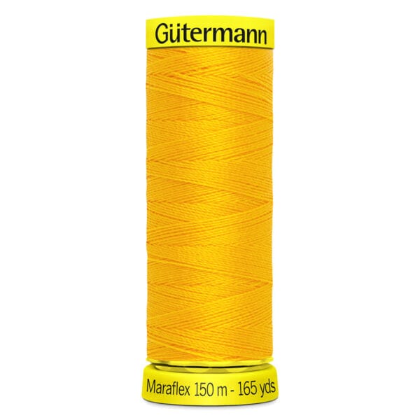 A spool of Gütermann Maraflex yellow thread is shown. The spool label indicates it contains 150 meters (165 yards) of thread.