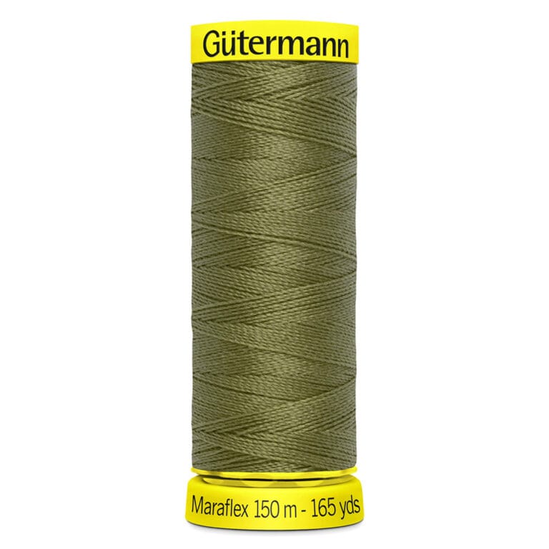 Spool of Gütermann olive green thread labeled "Maraflex 150 m - 165 yds" with bright yellow top and bottom labels.