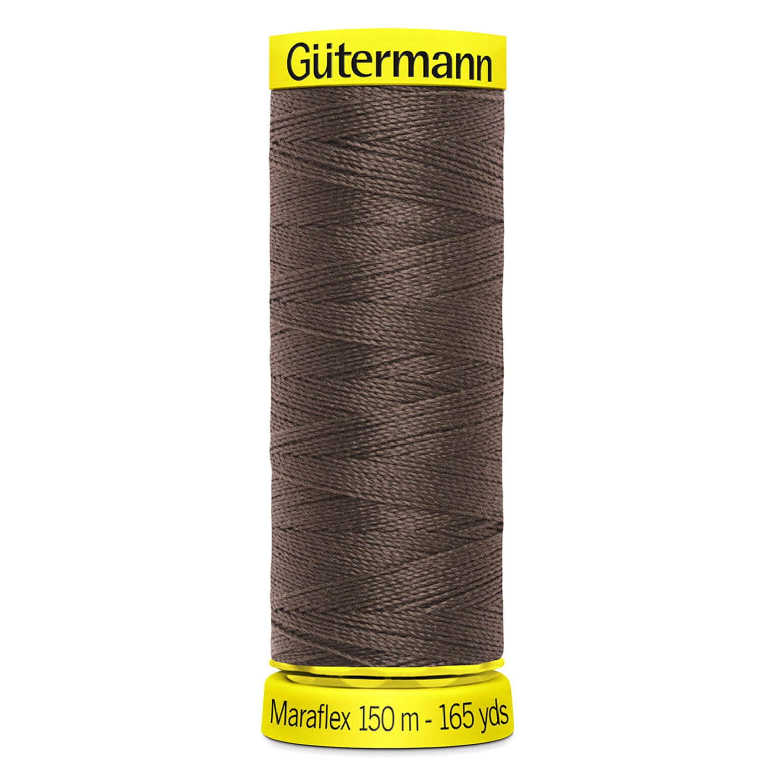 A spool of Gütermann Maraflex brown thread, labeled 150 meters (165 yards), with yellow top and bottom labels.