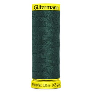 A spool of Gütermann Maraflex elastic sewing thread, dark green in color, with a label indicating 150 meters or 165 yards. The spool has a yellow cap and base.