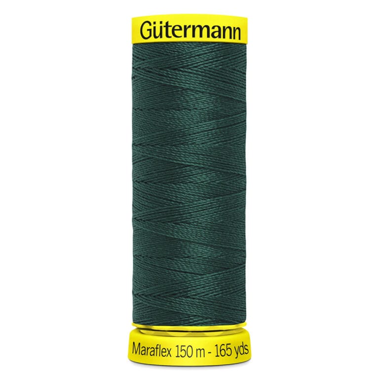 A spool of Gütermann Maraflex elastic sewing thread, dark green in color, with a label indicating 150 meters or 165 yards. The spool has a yellow cap and base.