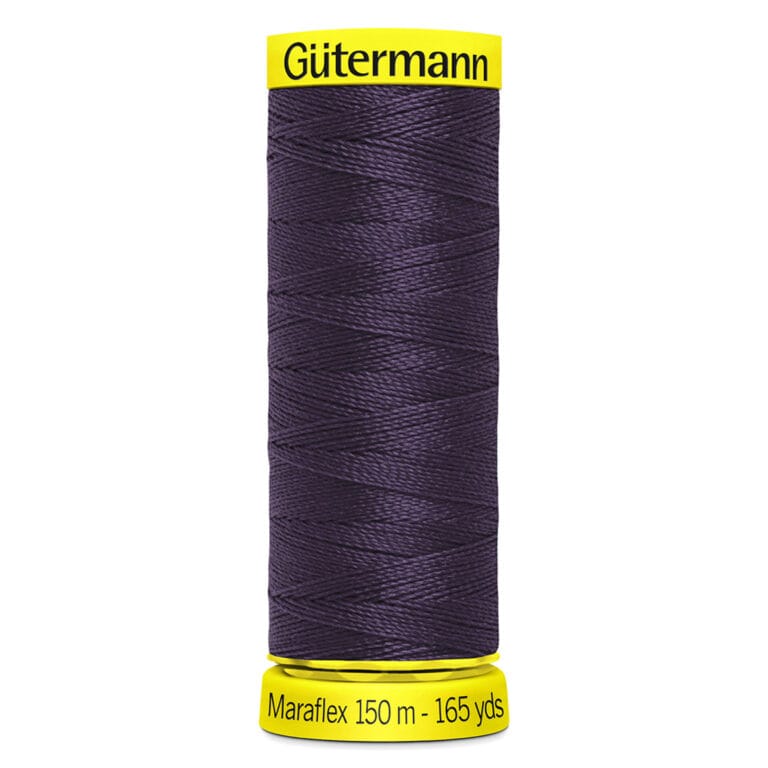 A spool of Gütermann Maraflex thread, in a dark purple color, with yellow labels on top and bottom. The bottom label reads "Maraflex 150 m - 165 yds.