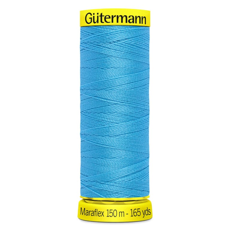 A spool of Gütermann Maraflex thread in bright blue, labeled with 150 meters and 165 yards. The top and bottom of the spool are yellow.