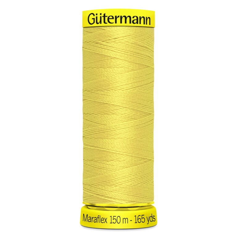 A spool of Gütermann Maraflex thread, yellow in color, with a length of 150 meters or 165 yards.