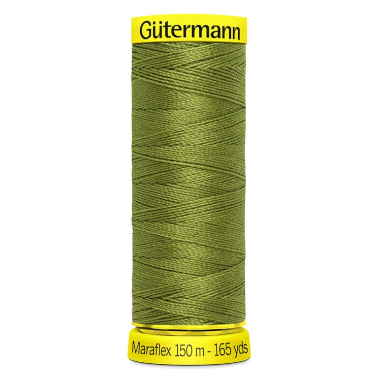 A spool of Gütermann Maraflex thread in olive green. The spool is labeled with "Gütermann" at the top and "Maraflex 150 m - 165 yds" at the bottom, both in black text on yellow backgrounds.