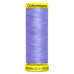 A spool of Gütermann Maraflex sewing thread in light purple, with a yellow cap and base. The label indicates "Maraflex 150 m - 165 yds.