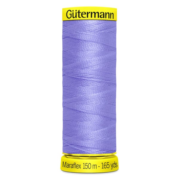 A spool of Gütermann Maraflex sewing thread in light purple, with a yellow cap and base. The label indicates "Maraflex 150 m - 165 yds.