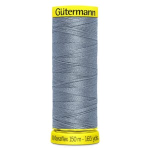 Spool of Gütermann Maraflex thread in gray, labeled as 150 meters (165 yards).